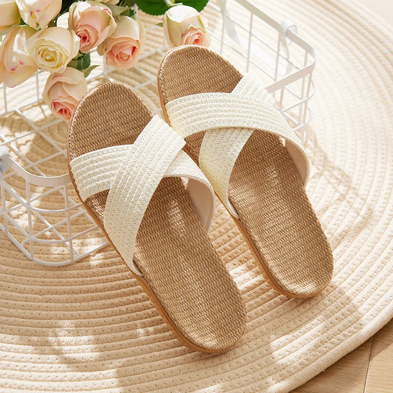 Fashion Cross Straps Slippers Women Summer Linen Flat Sandals Eva Lightweight Comfortable Ladies Flat Flip-flop Slippers Slide