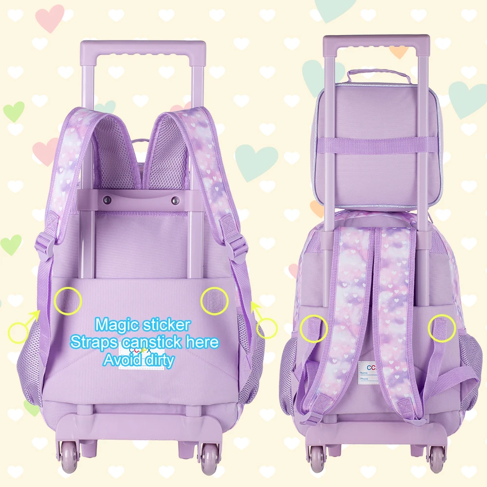 3PCS Rolling Backpack for Girls, Kids Roller Wheels Bookbag, Wheeled School Bag with Lunch Bag - Unicorn Purple