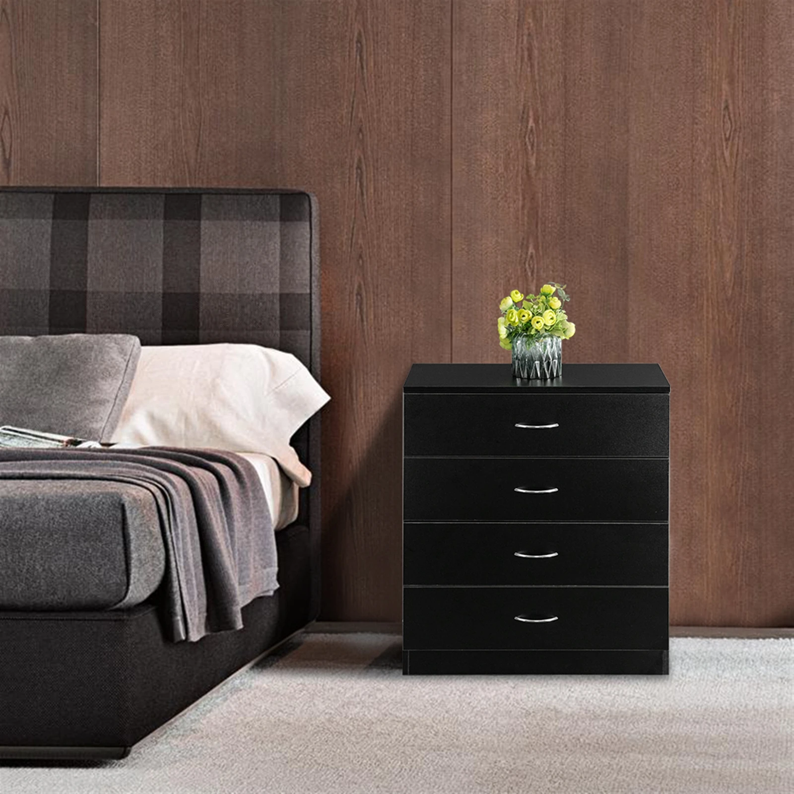 4 Drawers Nightstands Dresser MDF Wood Black  Beside Table Cabinet Storage Organizer Living Room Simple Furniture