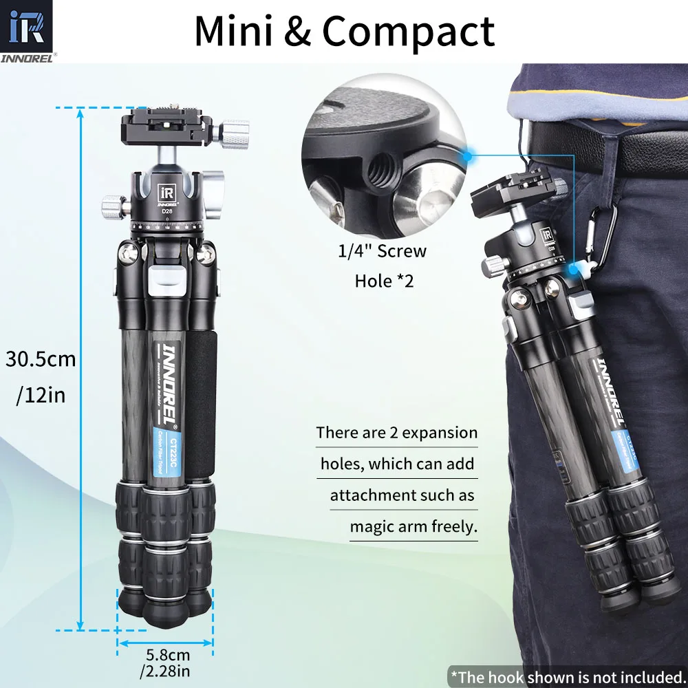 INNOREL CT223C 10-warstwowy Mini statyw z włókna węglowego, kompaktowy przenośny statyw biurkowy do cyfrowego DSLR, wideo DV, obciążenie 10kg