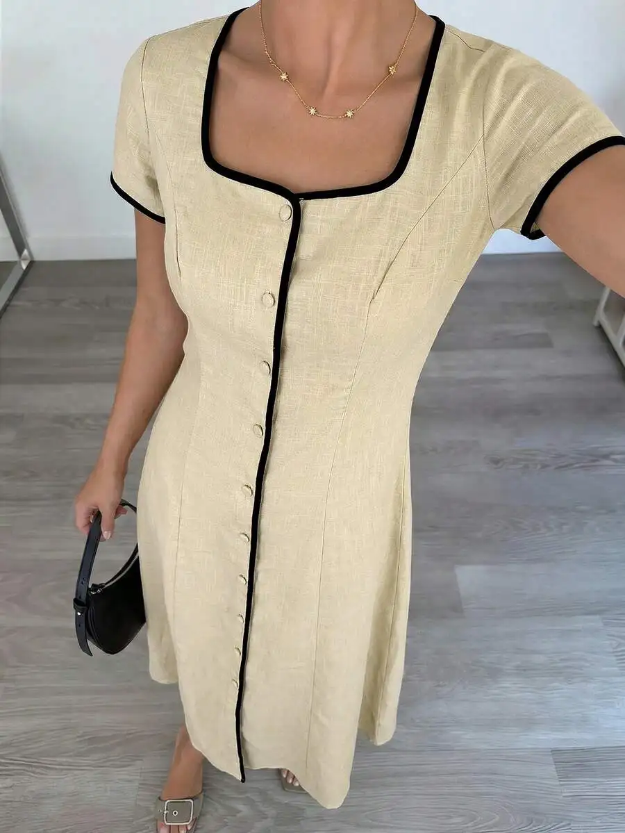 

Womens Summer Button Front Dress With Contrast Trim Casual Elegant Long Dress