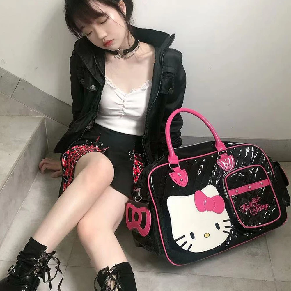 Hello Kitty Kawaii Sanrio Y2k High Capacity Handbag Messenger Bag Cartoon Pu Bright Surface Travel Bag Girls Fashion Travel Bag