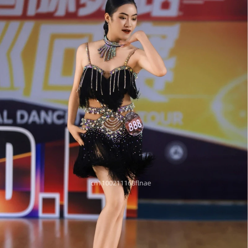 فستان الرقص اللاتيني، فستان الزهور، تنورة شرابة للفتيات، تصميم أسود لحمام السباحة، إصدار ممتاز، فستان أداء لؤلؤي رومبا