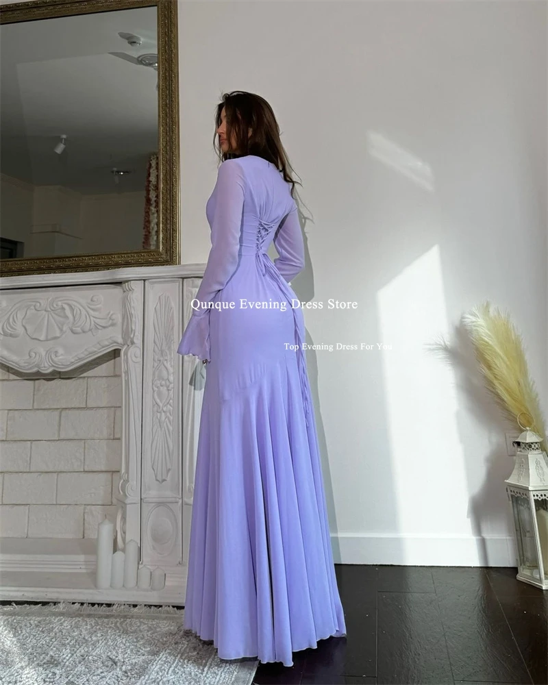 Qunque Long Sleeves Prom Dresses High Neck Mermaid Formal Women Evening Gowns Corset Back Light Purple Customized Party Dresses