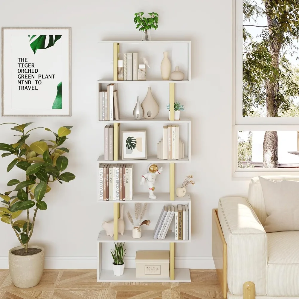 

Geometric Bookcase, S Shaped Bookshelf 6-Tier Book Shelves for Bedroom, Modern Wood Decorative Display Shelf Tall Book