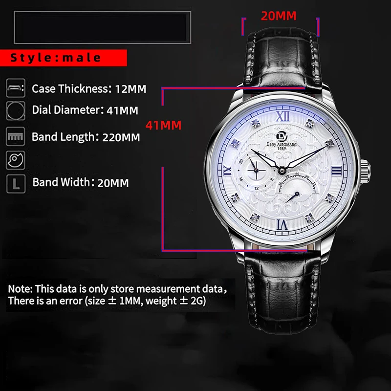 Men Embossed Diamond Automatic Mechanical Watch with 24 Hour Subdial Four Hands Luminous Transparent Case Back Large 41mm Dial