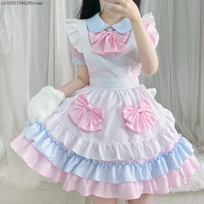 

Pink Lolita Dress Summer Maid Cosplay Costume Anime Japanese Kawaii Bow Lolita Suits Halloween Maid Uniform