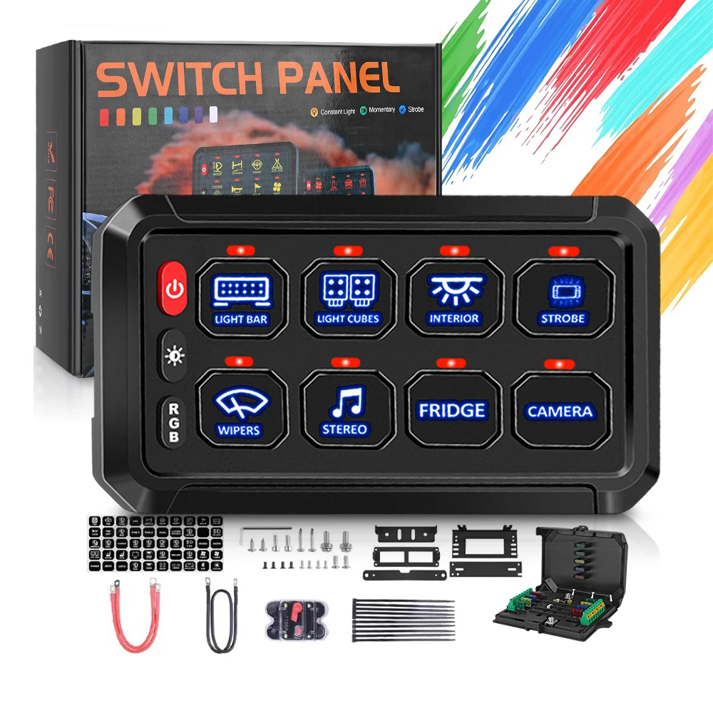 8 sets of RGB switch panels professional version, with general circuit control relay system 12v, suitable for Jeep Wrangler off-