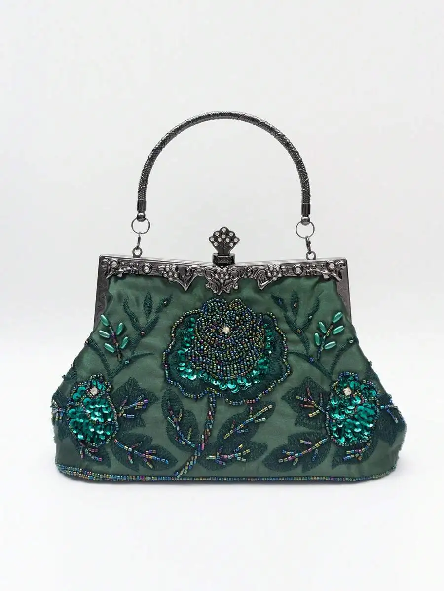 

Emerald Green Floral Beaded Sequin Embroidery Vintage Metal Frame Clutch With Vine Handle For Evening Wedding Gala Events