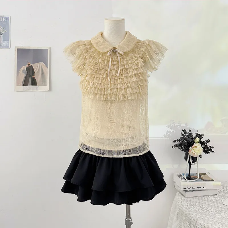 Women Slim Fit Short Sleeve Chiffon Shirt  Knot Turn-down Collar Summer New Style Fairy Sleeve Blouse Top