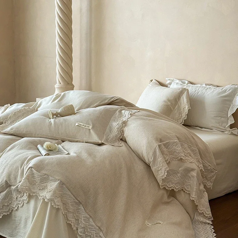 Svetanya Linen Cotton Lace Bedding Sets Bed Linens Sheet Pillowcase Duvet Cover King Queen Europe Size