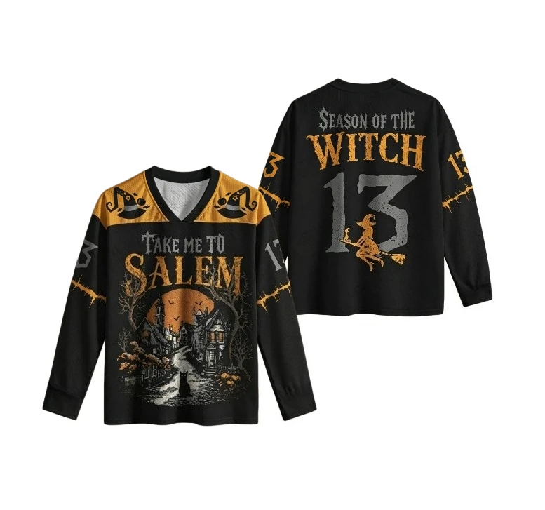 Take me to Salem patterned long sleeved T-shirt suitable for both men and women for Halloween, V-neck loose streetwear