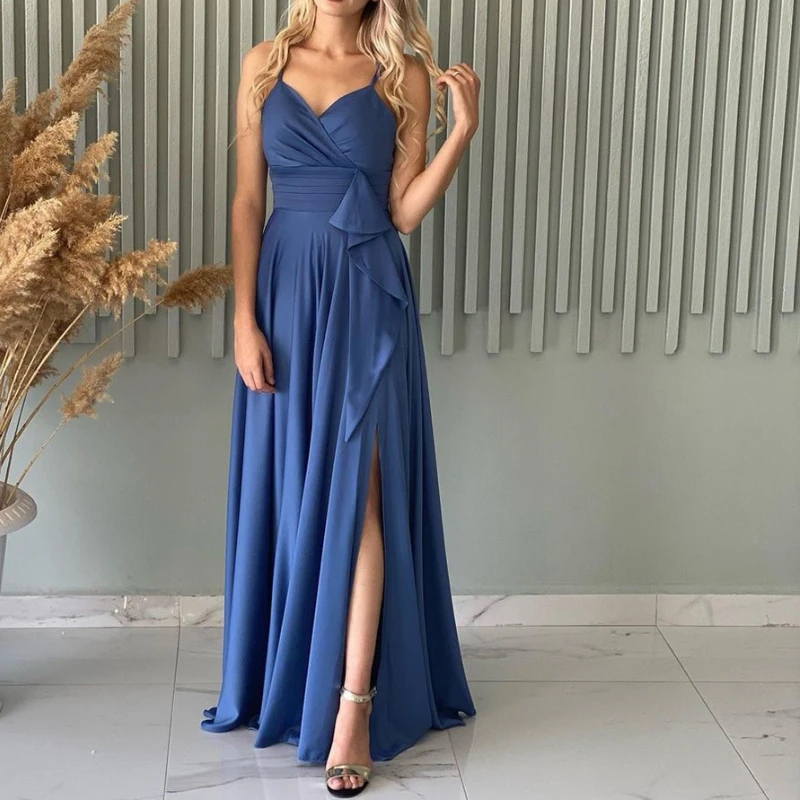 Customized Classic Elegant Spaghetti Straps Front Peather Design Evening Dress French Popular Side Split Long Gown Summer Soft V