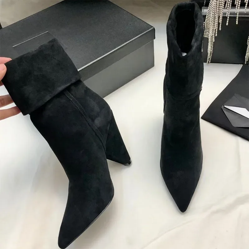 Sexy Spike High Heels Ankle Boots Women Pointy Toe Fashion Week Boots Winter Luxury Suede Slim Chelsea Ankle Boots Mujer 2024