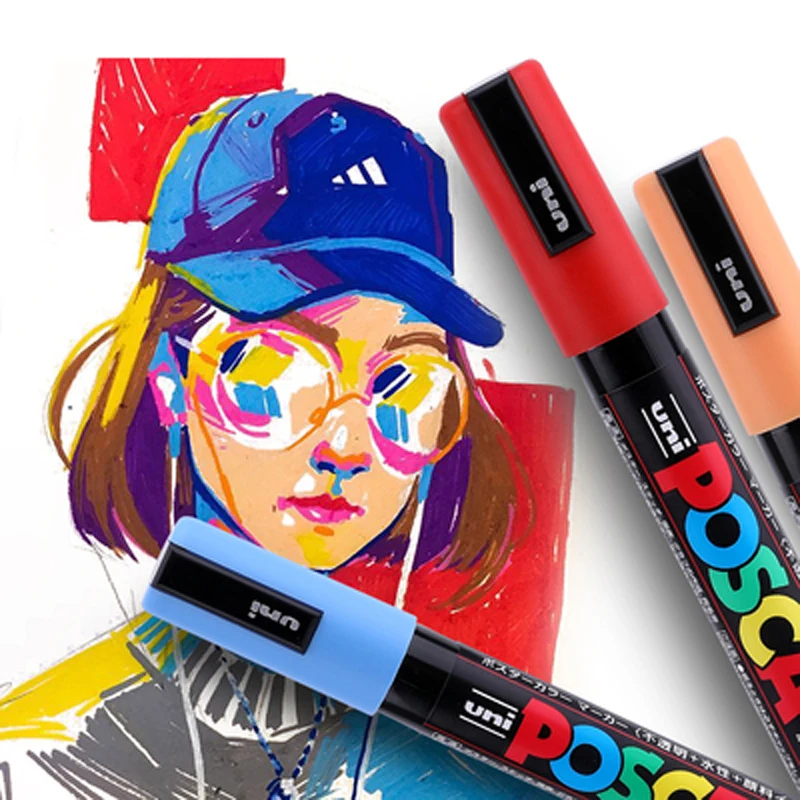 Uni Plumones Colores Poscas Markers ชุด 1 M/3 M/5 M/8 K/17 K ชุดอะคริลิคสีถาวร POP โปสเตอร์โฆษณา Graffiti