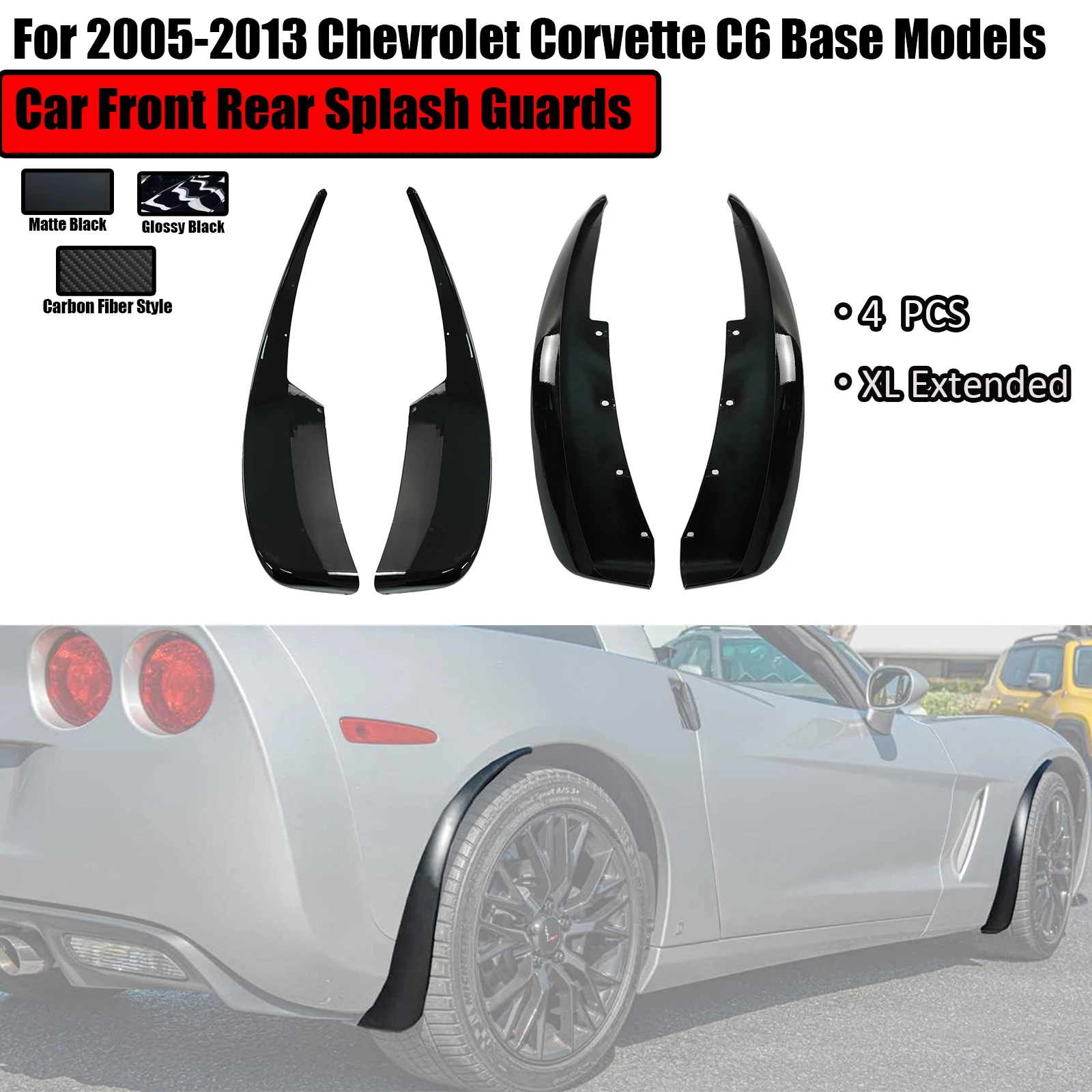 For 2005 2006-2013 Chevrolet Corvette C6 Base Models Car Front Rear Splash Guards XL Extended 4PCS Body Kit Carbon Fiber Style