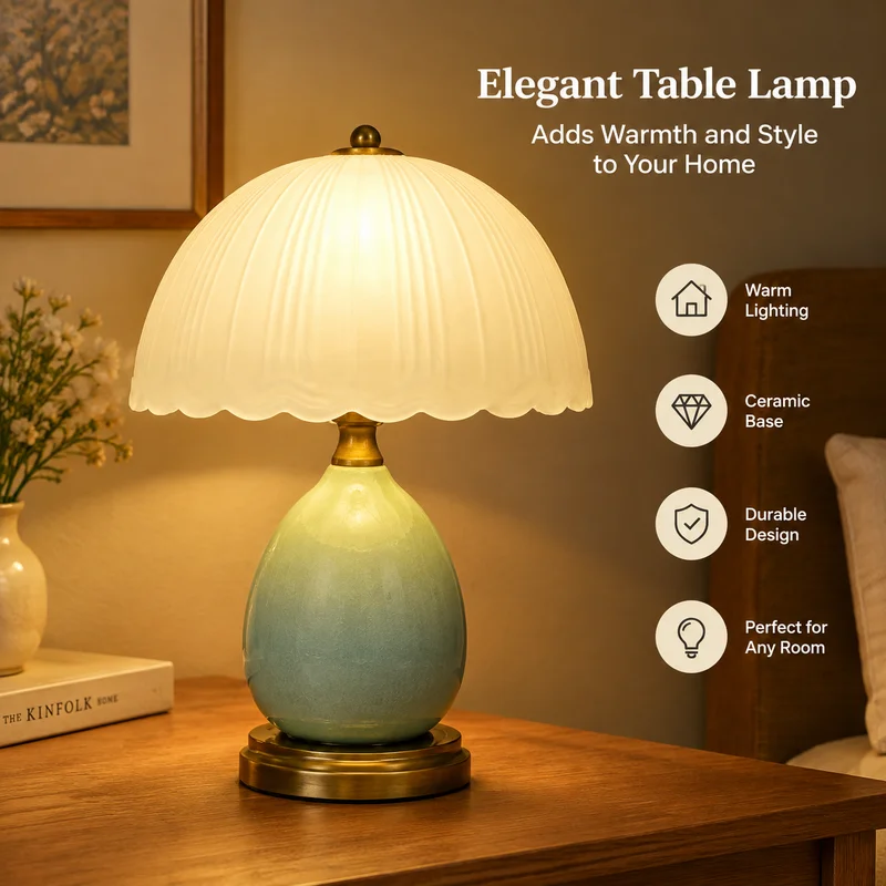Table Lamp Nordic Vintage Cracked Ice Ceramic Bedside Light for Bedroom Dorm Desk Study, American Style Luxe Home Decor Lighting