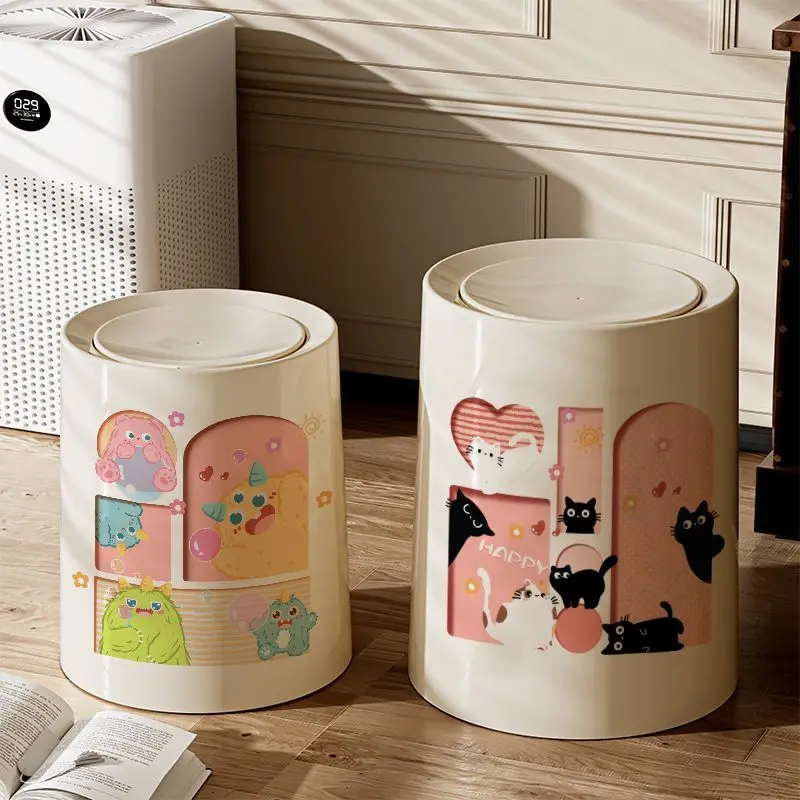Round Wastebasket Modern Design with Lid Food Waste Trash Bin Bathroom Cream Color Kitchen Trash Can Household Cleaning Tools