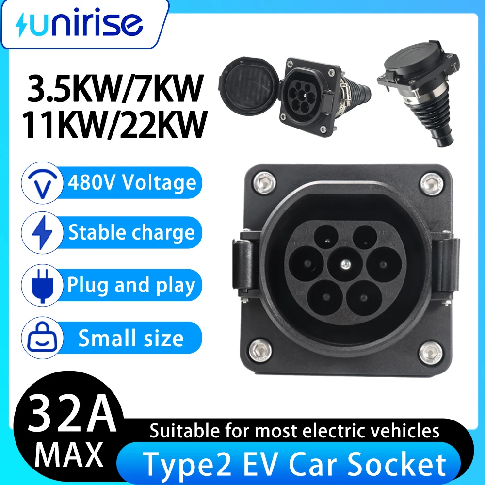 Unirise Type 2 EV Socket 32A 16A 7KW IEC 62196 CE Certified with 0.5M/1M Cable for EU European EV Charging Type 2 Male Socket