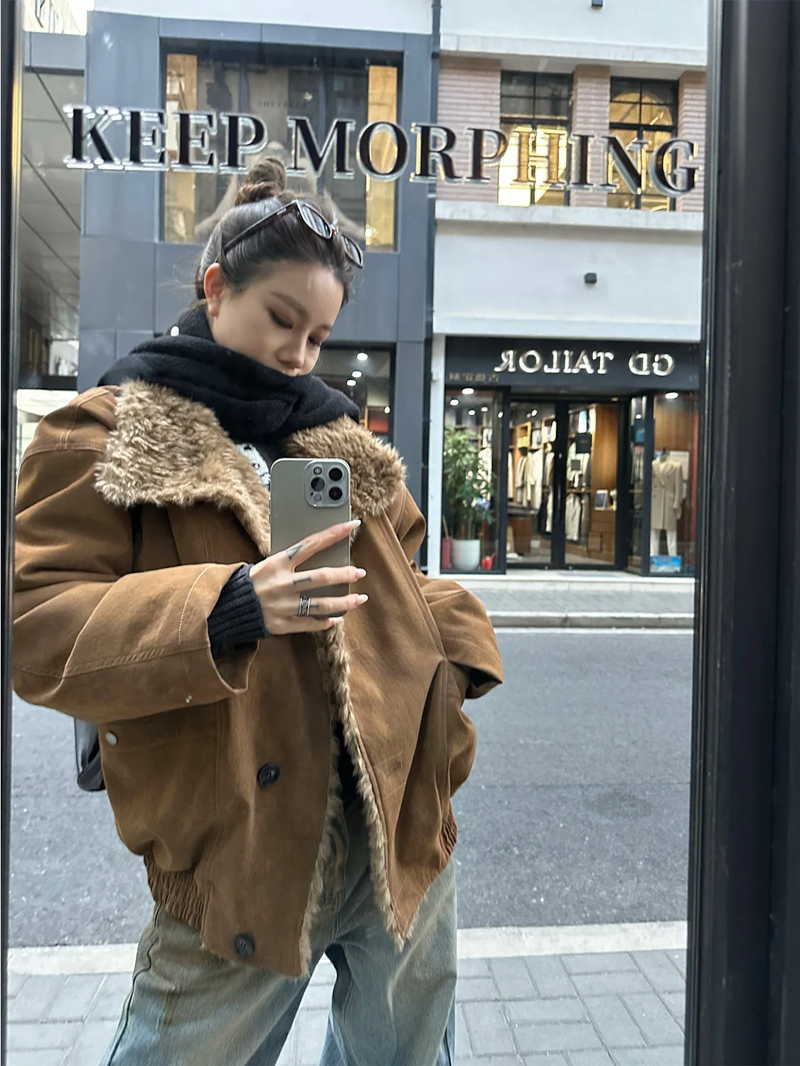 

D YANGJUN Autumn Winter Casual Caramel Latte Flocking PU Fake Mink Fur Lined Stand Collar Windproof Jacket Women's Fashion
