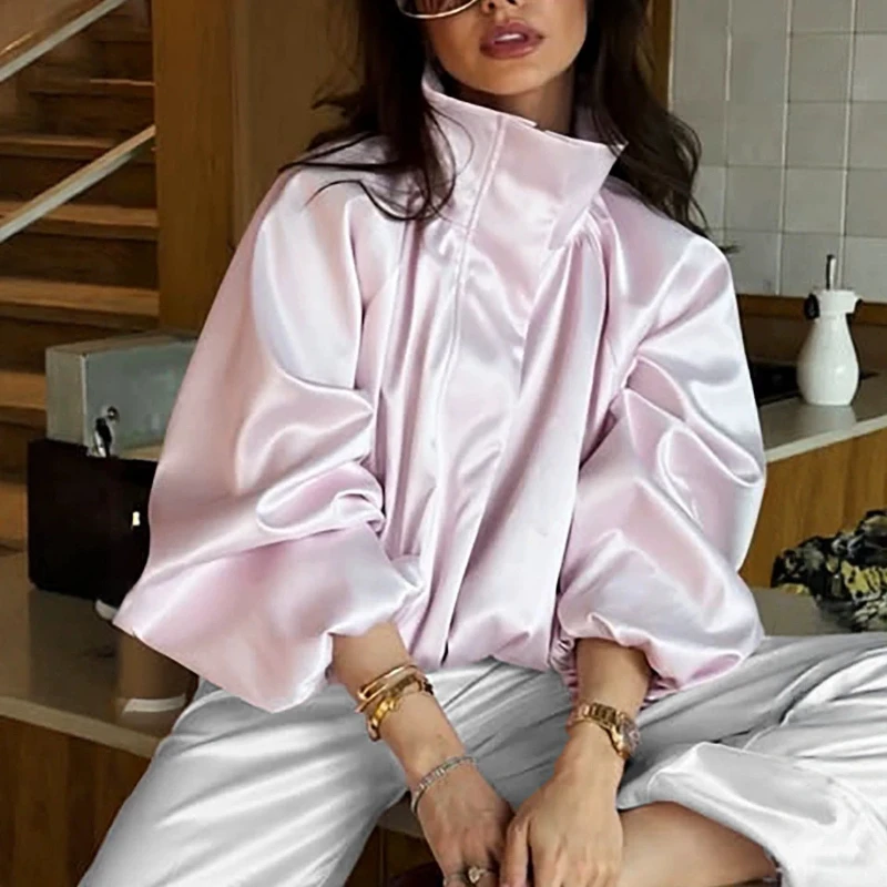 2026 Herbst Neue Modische Französische Satin-Jacke mit Hohem Kragen für Damen Eleganter Mantel mit Puffärmeln Reflektierende Tropfenoptik