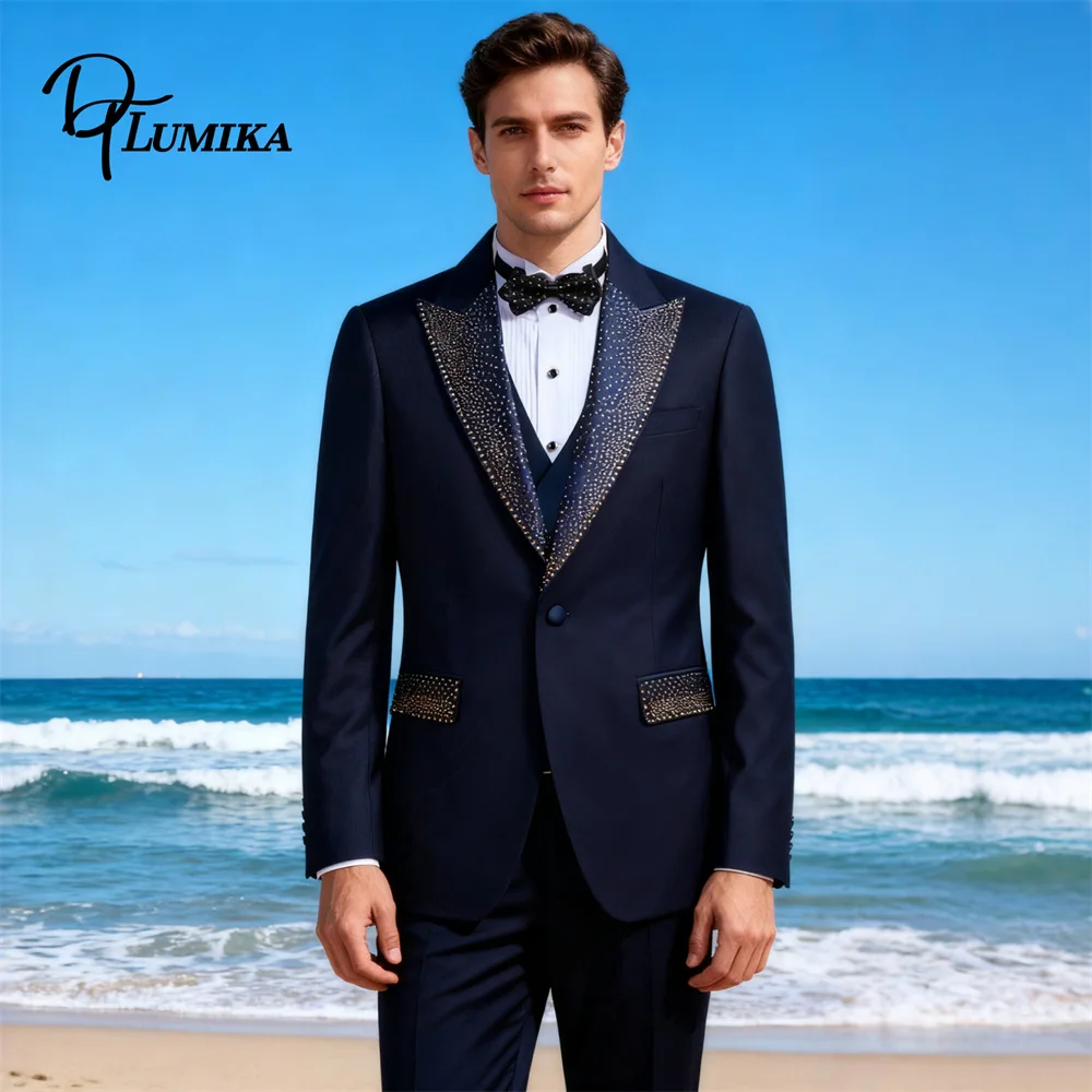 

DTLumika Мужской костюм-тройка из бисера, роскошные элитные свадебные костюмы для жениха, жакет, жилет, формальный смокинг для выступлений певца