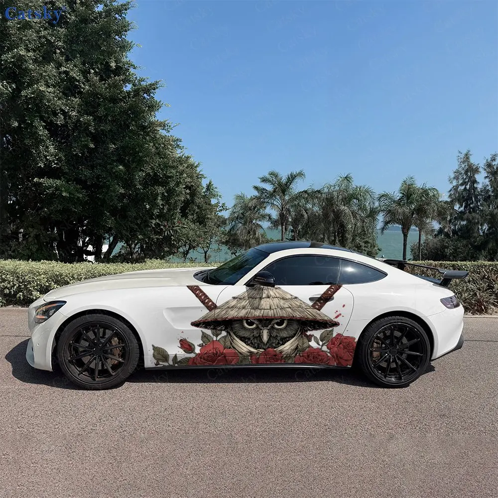 2pcs Retro Wafu Owl Samurai Vibe, Durable, Fade-resistant, Enhance Vehicle Aesthetics With Bold Artistic Design Car Vinyl Wraps