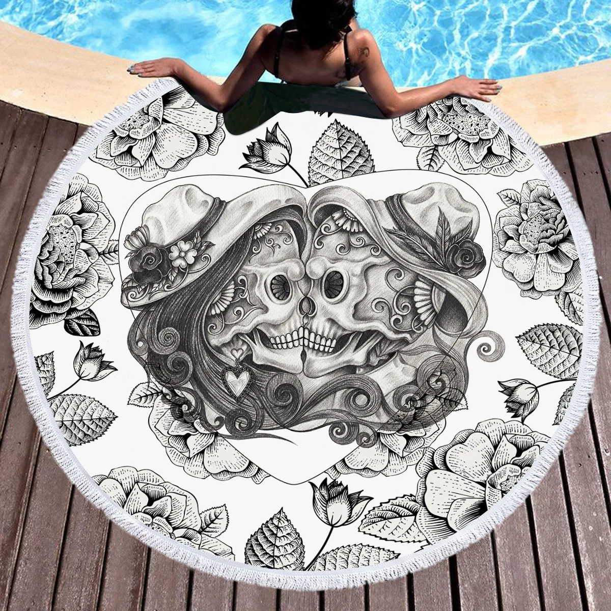 Towel Beach Towel Shawl Fast Drying Swimming Gym Camping Big Round Beach Towel Lovers Skull 3D Printed Beach Towel