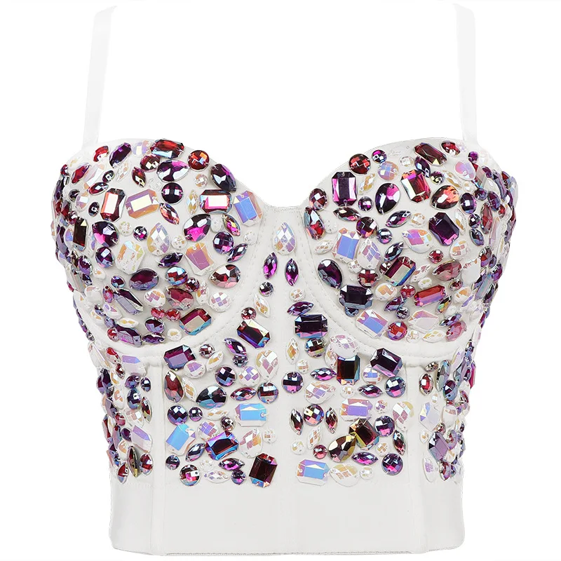 Sexy Corset Camisole Rhinestone Top Bustier Crop Top Women Sleeveless Backless Diamond Bra Shiny Tank Top Festival Clothing