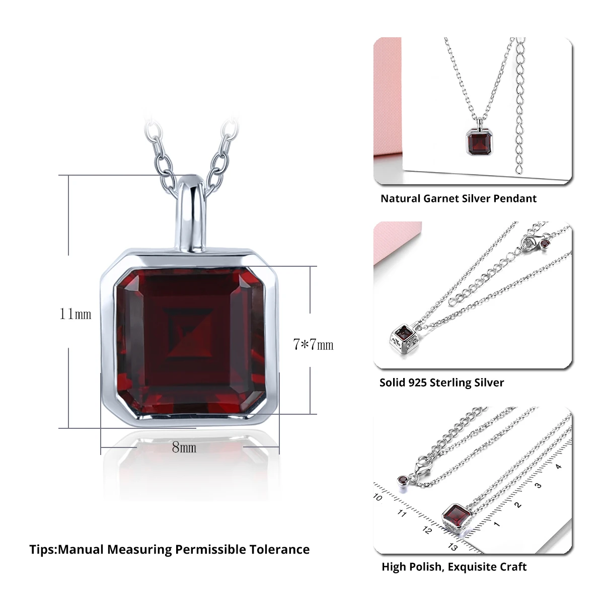 Natural Red Garnet 925 Sterling Silver Pendant 2.06 Carats Genuine Gemstone Simple Style Fine Jewelry for Women's Birthday Gift