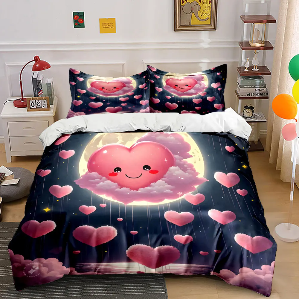 Pink heart cloud and full moon sky Bedding Set for Kids Luxury Gift 3pcs Digital Print Comforter Set Soft Comfortable Breathable