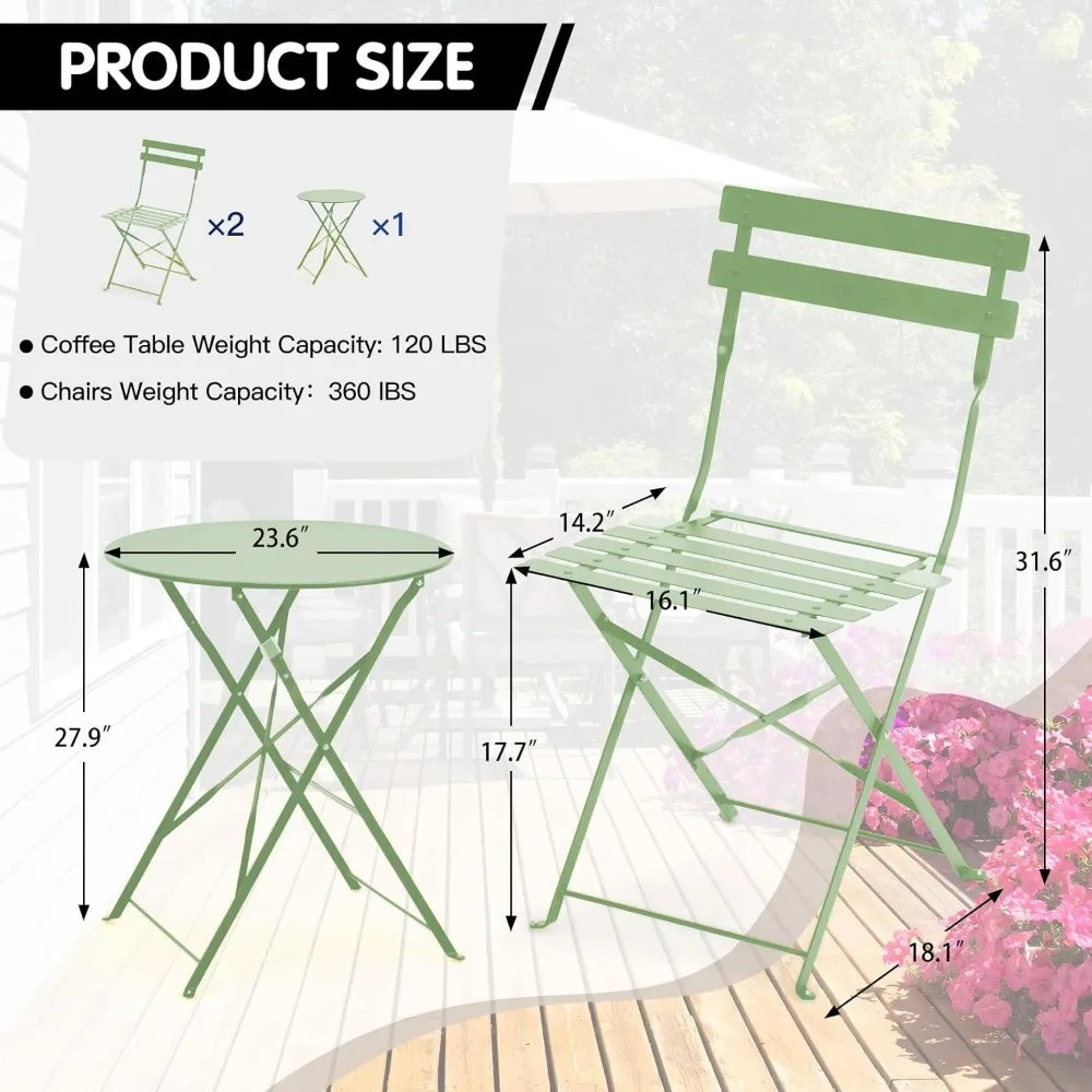 โต๊ะและเก้าอี้บิสโทร 3 ชิ้น ชุดบิสโทรเหล็กดัด ป้องกันสนิม โต๊ะและเก้าอี้คาเฟ่พับได้กันน้ํา ชุด 2 ตัว พับได้