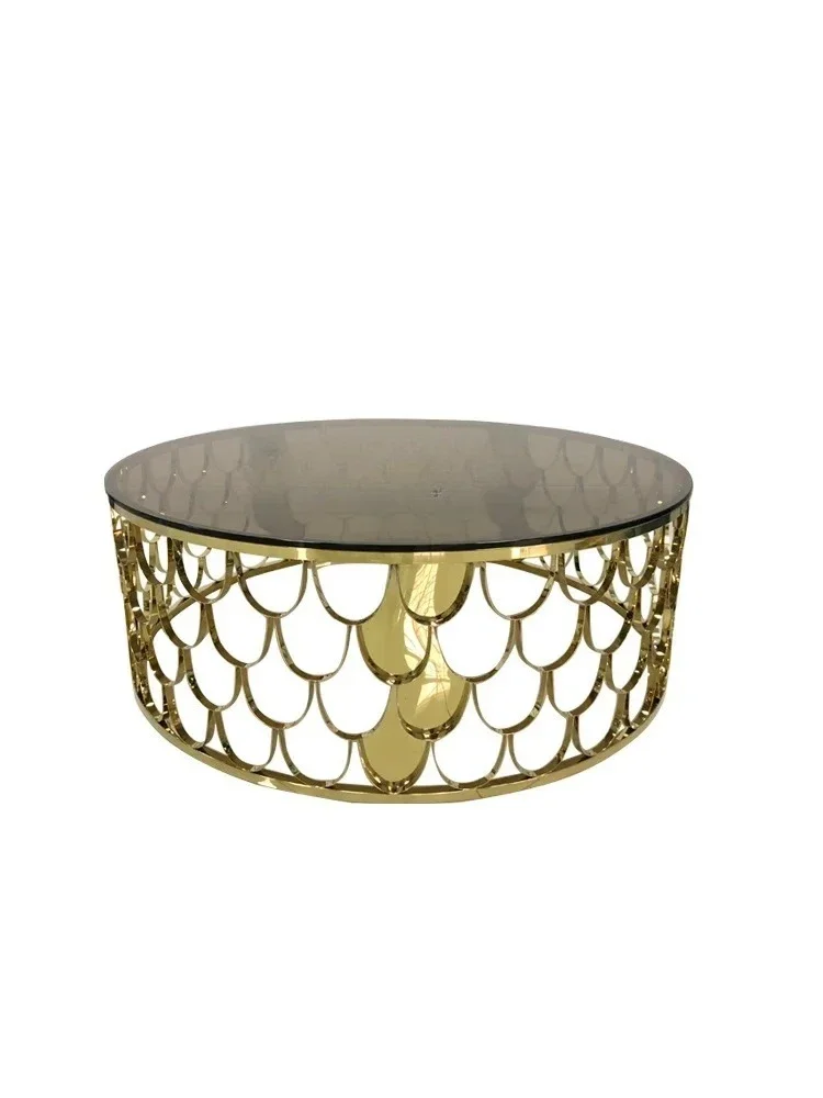 

Light luxury natural marble round fish scale coffee table living room brushed brass coffee table rock slab6239