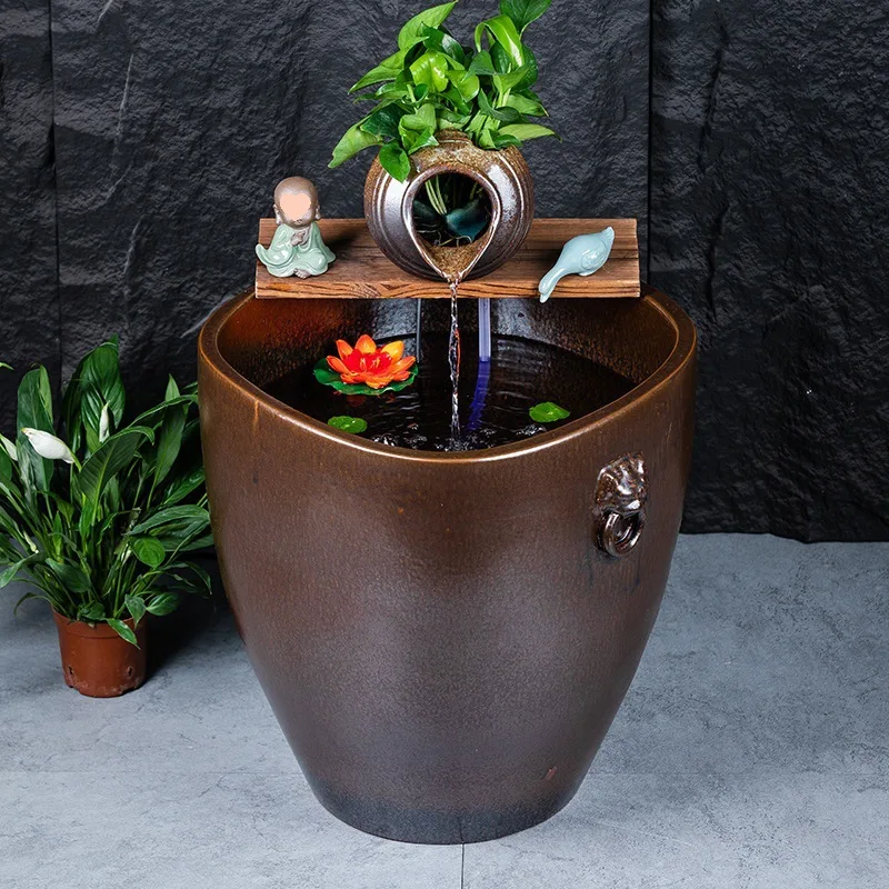 Elevated ceramic large tank Ancient fish tank Living room Balcony Goldfish tank Pottery pot Circulating water landscaping