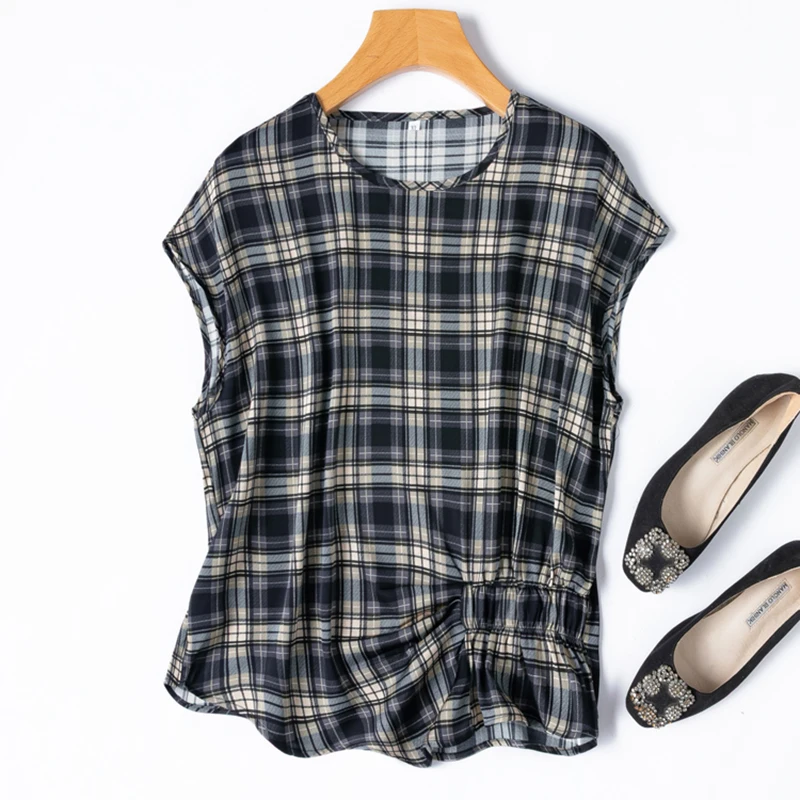 

Women Silk Tank Top 93% Mulberry Silk 7% Spandex Navy Checked O Neck Vest Sleeveless T-Shirt Summer Beach M1424