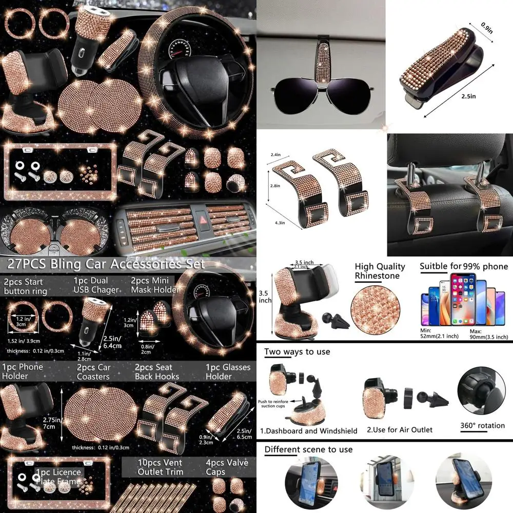 

27 шт. Золотой набор автомобильных аксессуаров цвета шампанского для женщин, чехлы на руль, универсальные, подходят для 15 дюймов, рамка для номерного знака Bling