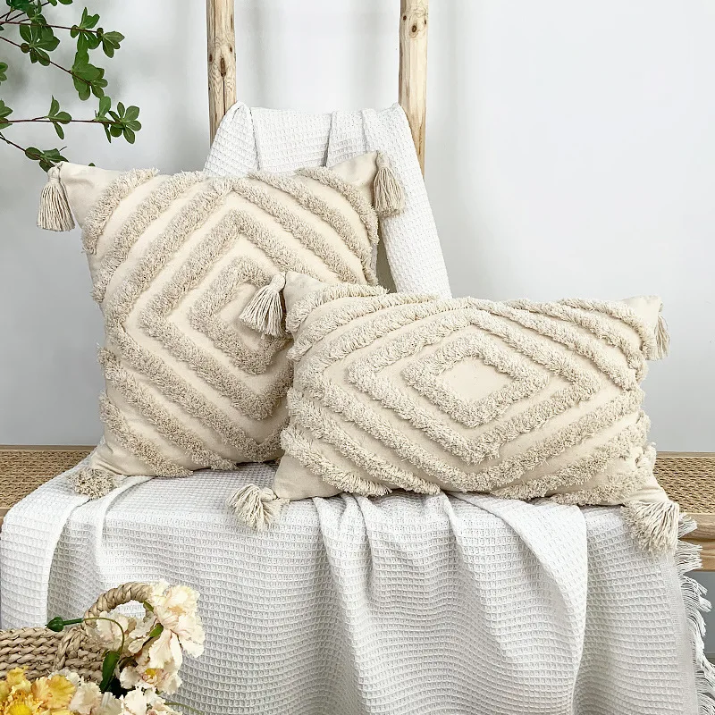 Geometrischer getufteter dekorativer Kissenbezug im Boho-Stil mit Quaste, Wohnzimmer-Sofa-Kissenbezug, Retro-Stil, 100 % Baumwolle, Funda Cojin