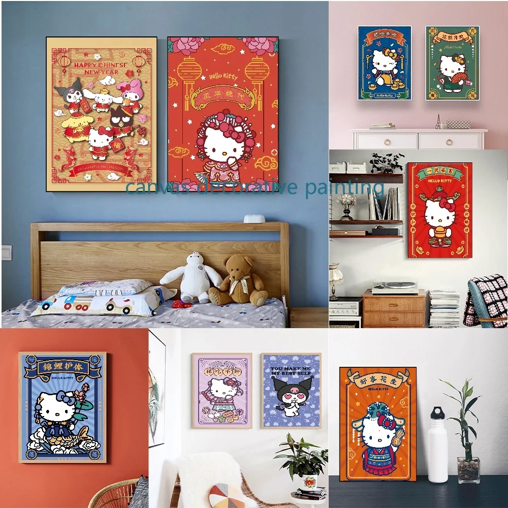 

Japanese MINISO Sanrio Hello Kitty Kawaii Cartoon Poster Girl Room Decor Canvas Painting Birthday Gift Blue Pink Art Picture