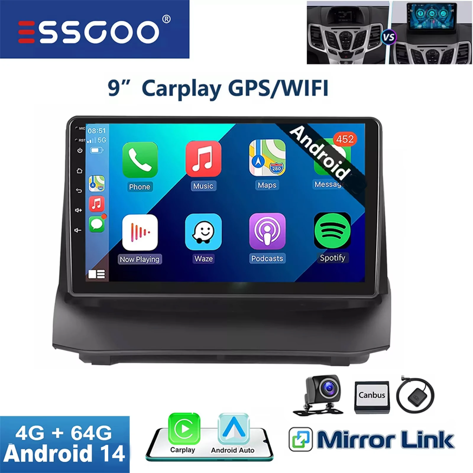 Essgoo 9 ''2DIN Apple Carplay Voor Ford Fiesta MK6 09-13 Android 14 Autoradio Radio GPS Navigatie FM RDS Wifi Multimedia Speler