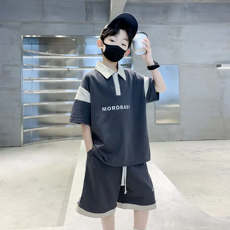 

New Teens 2023 Boys Summer Letter Suit Kids Short Sleeve T-shirt + Pants 2piece Sets Big Child Loose Sportswear Clothes 5-14Yrs