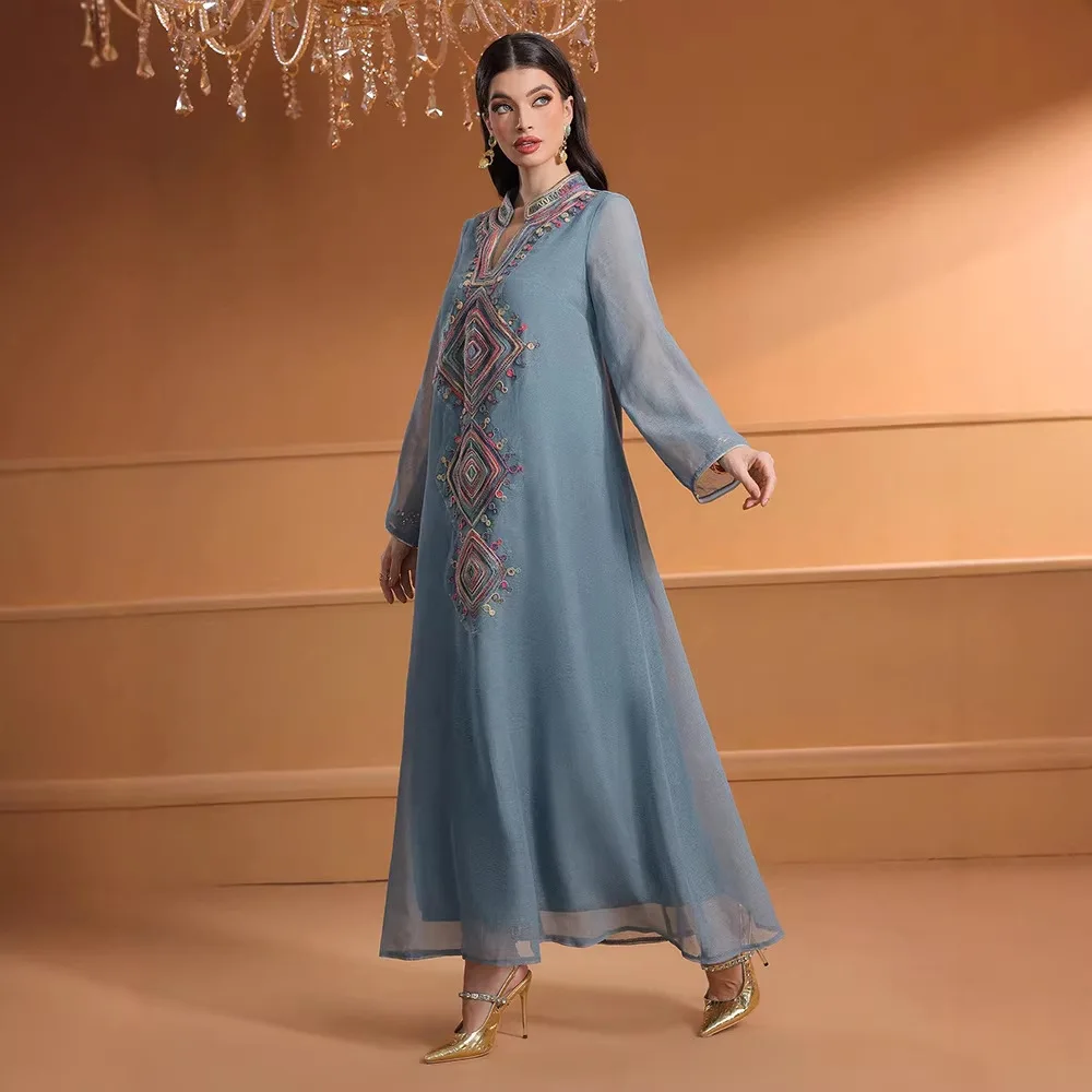 Vestido Feminino do Oriente Médio, Robe Muçulmano Bordado, Vestidos Longos de Dubai, Kaftan Árabe, Roupa Islâmica Jalabiya para o Ramadã e Eid