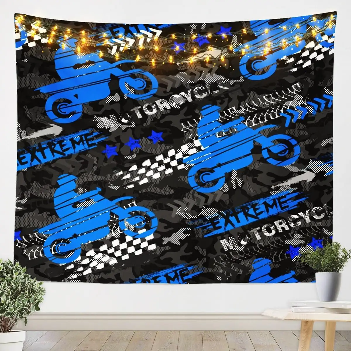 Kids Dirt Bike Tapestry Vintage Motorcycle Tapestry Wall Hanging for Teens Kids Boys Extreme Sports Wall Tapestry White Black