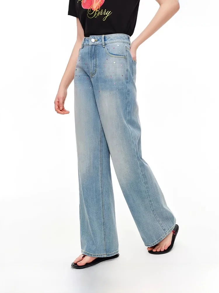 

Модные женские джинсы с высокой талией и прямыми штанинами, летняя новинка, светло-голубые, из хлопка с алмазной обработкой, повседневные брюки