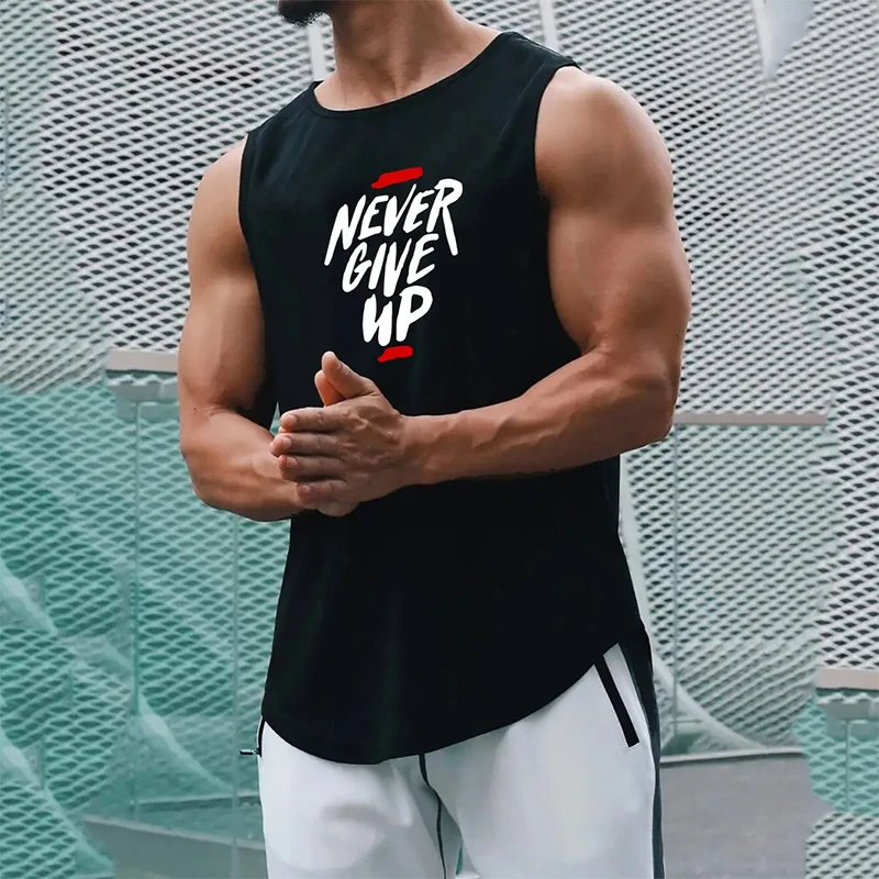 Men's Loose Mesh Quick-Drying Breathable Gym Tank Tops Never Give up Running Training Bodybuilding Fitness Basketball Vests