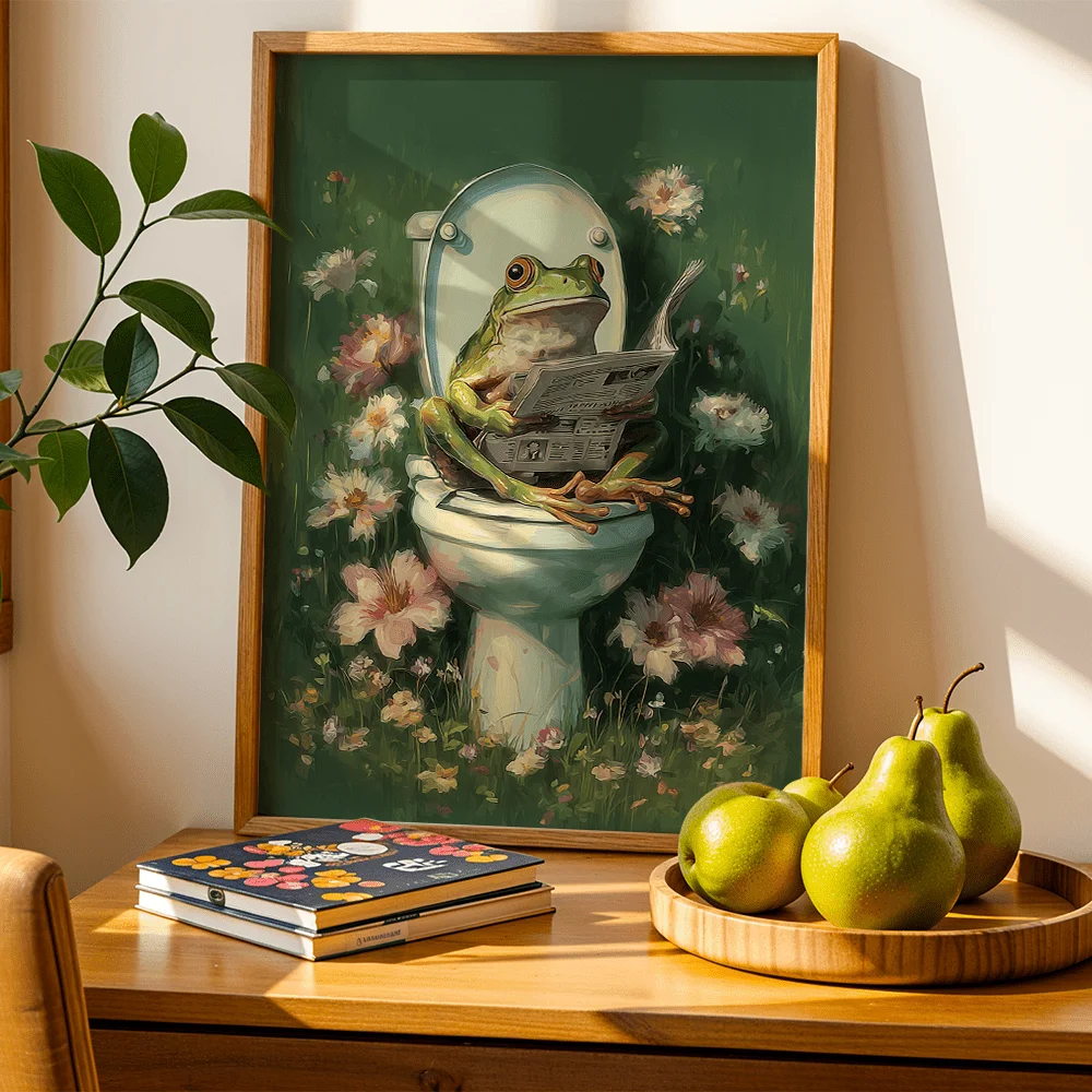 Vintage Abstract Frog On Toilet Floral Canvas Wall Decor Picture, Creative Bathroom Home Decor Gift, 2D Printed Poster Wall Art