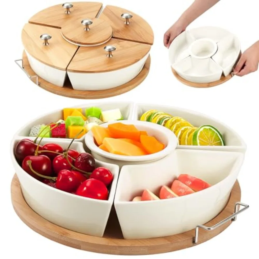 

360 ° Вращающийся поднос-органайзер Lazy Susan с чашами, 11,4 дюйма, набор для подачи закусок и соусов, 5 съемных секций, разделенный поднос для сервировки