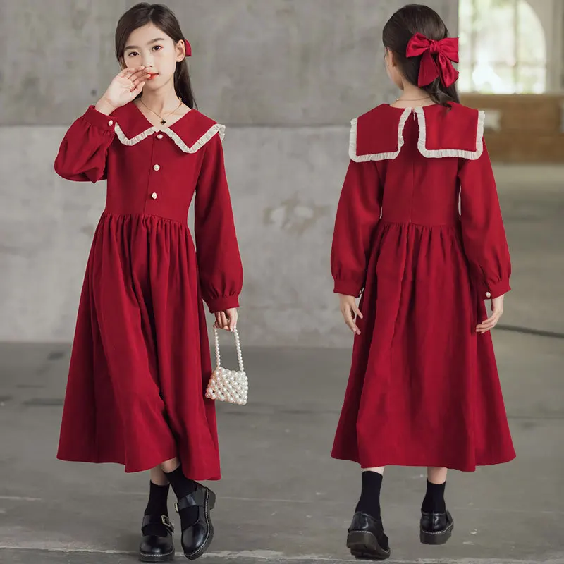 2024 autumn winter Europe western Kids Baby girl clothes red long sleeve party Dresses teenager Corduroy 4 5 6 8 9 10 11 12 year