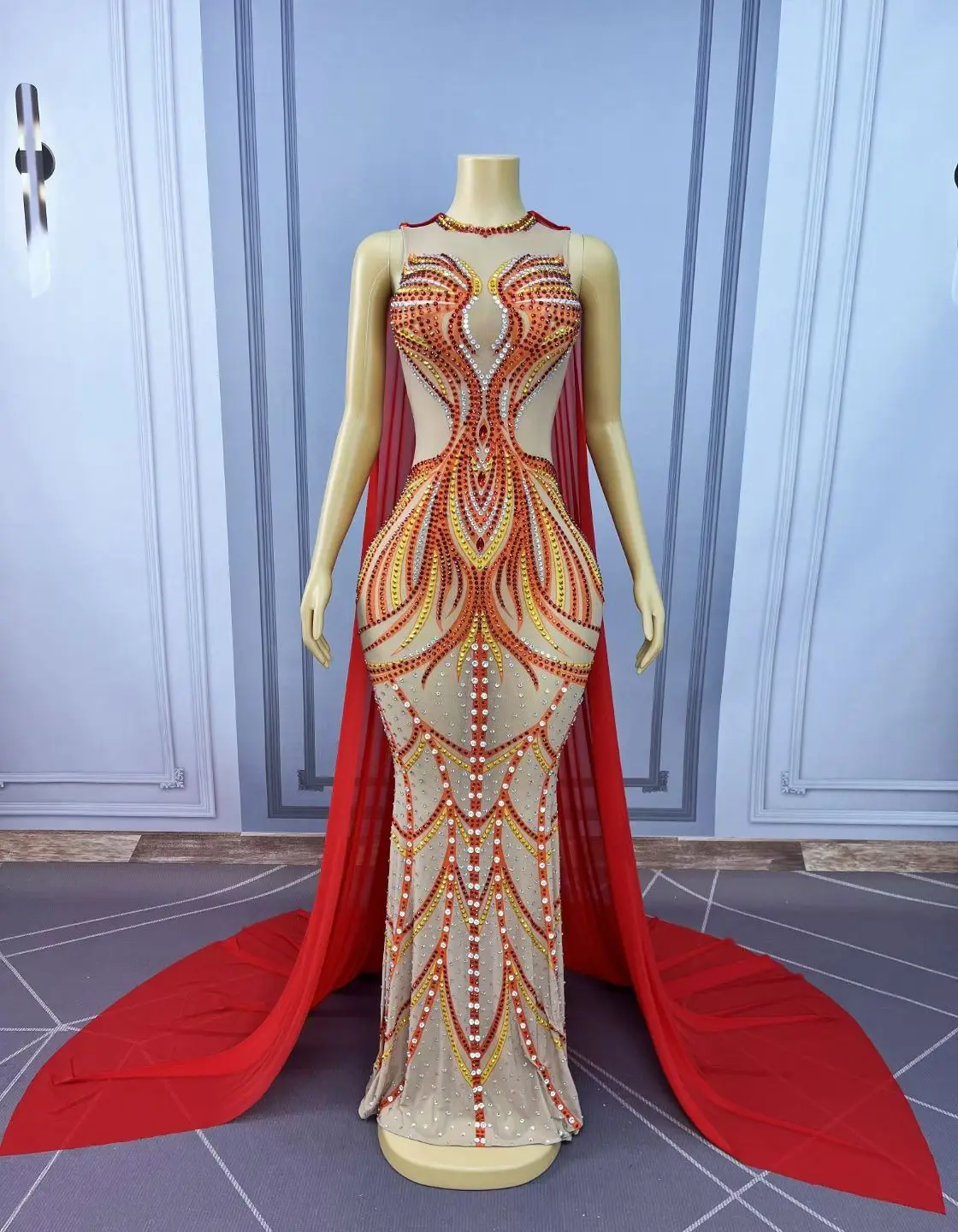 Festival Celebrate Birthday Party Long Cloak Floor-length Dress Night Event Show Evening Gown Sparkly Rhinestone Wear Huoshaoyun