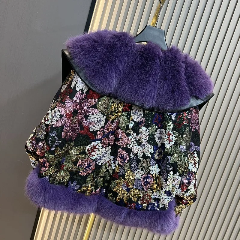 Zimowy, modny płaszcz z wełny i bawełny, imitacja futra lisa, gruby, ocieplany, z cekinami, stylowy, młodzieżowy, krótki płaszczyk ze sztucznego futra dla kobiet.