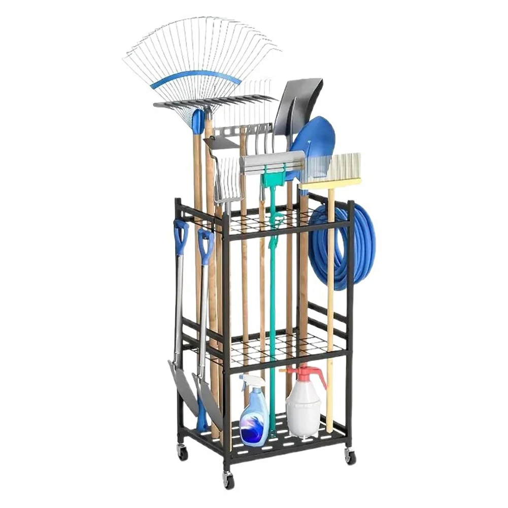 Heavy Duty Garden Tool Rack With Storage Hooks, Rust Proof Metal Stand For Garage, Balcony And Outdoor Organization